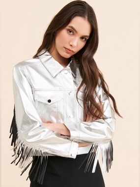Jules Kae Talia Fringe Silver Metallic Fringe Cropped Jacket